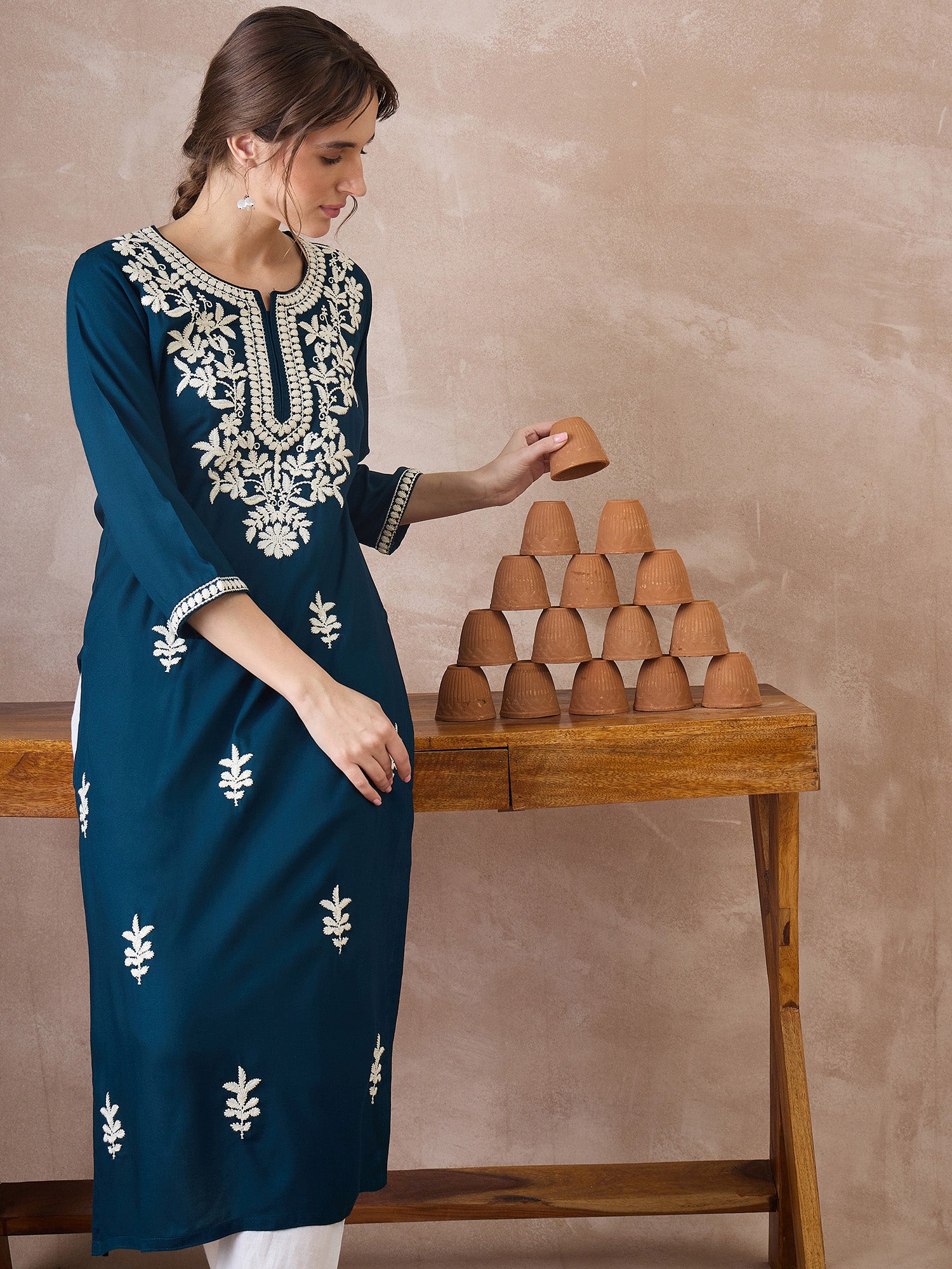 Indo Era Blue Embroidered Straight Kurtas