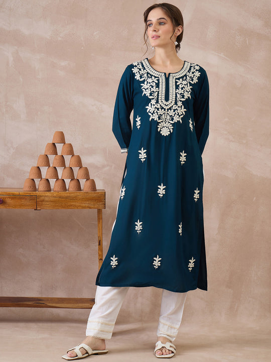 Indo Era Blue Embroidered Straight Kurtas
