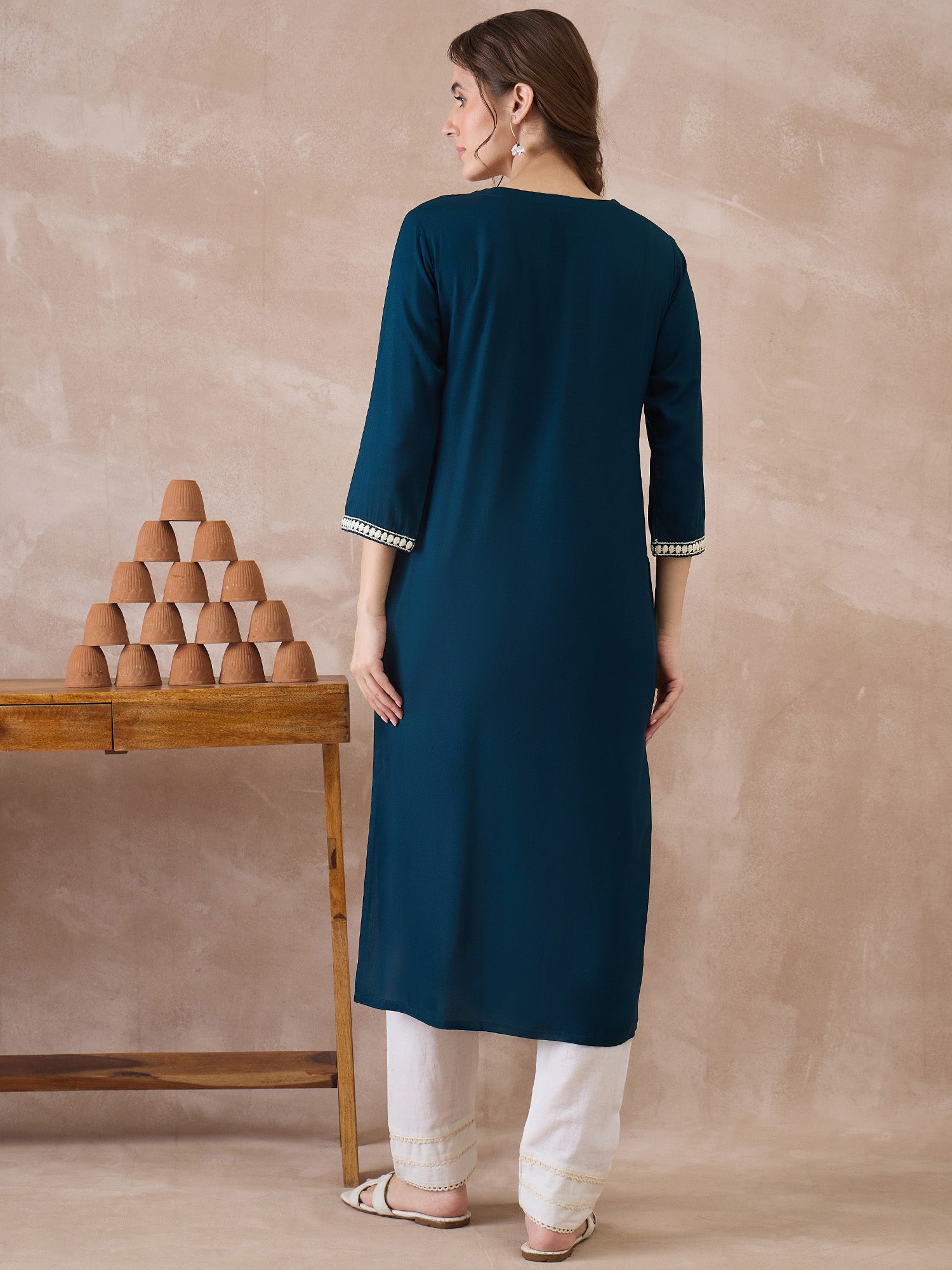 Indo Era Blue Embroidered Straight Kurtas