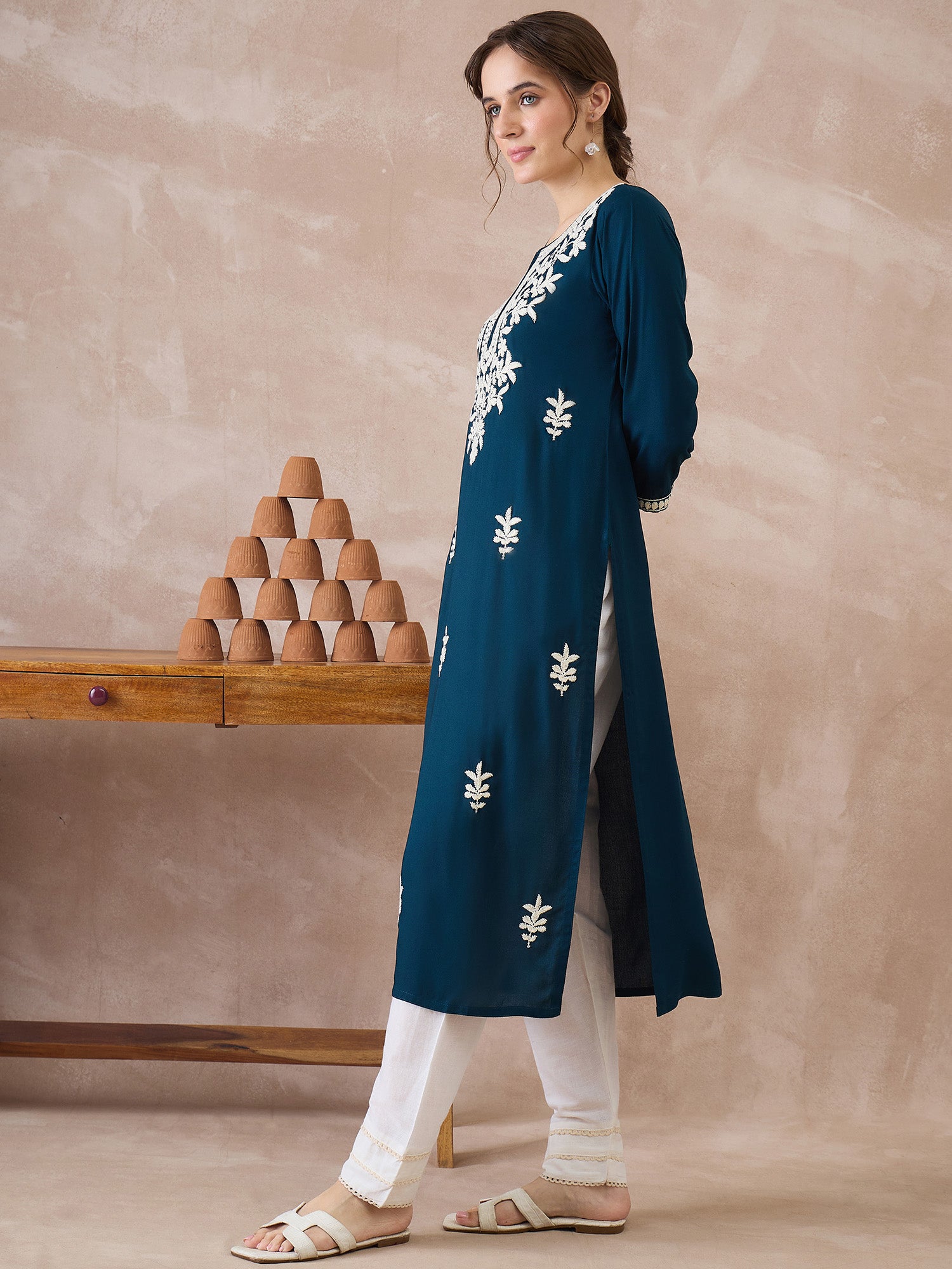 Indo Era Blue Embroidered Straight Kurtas