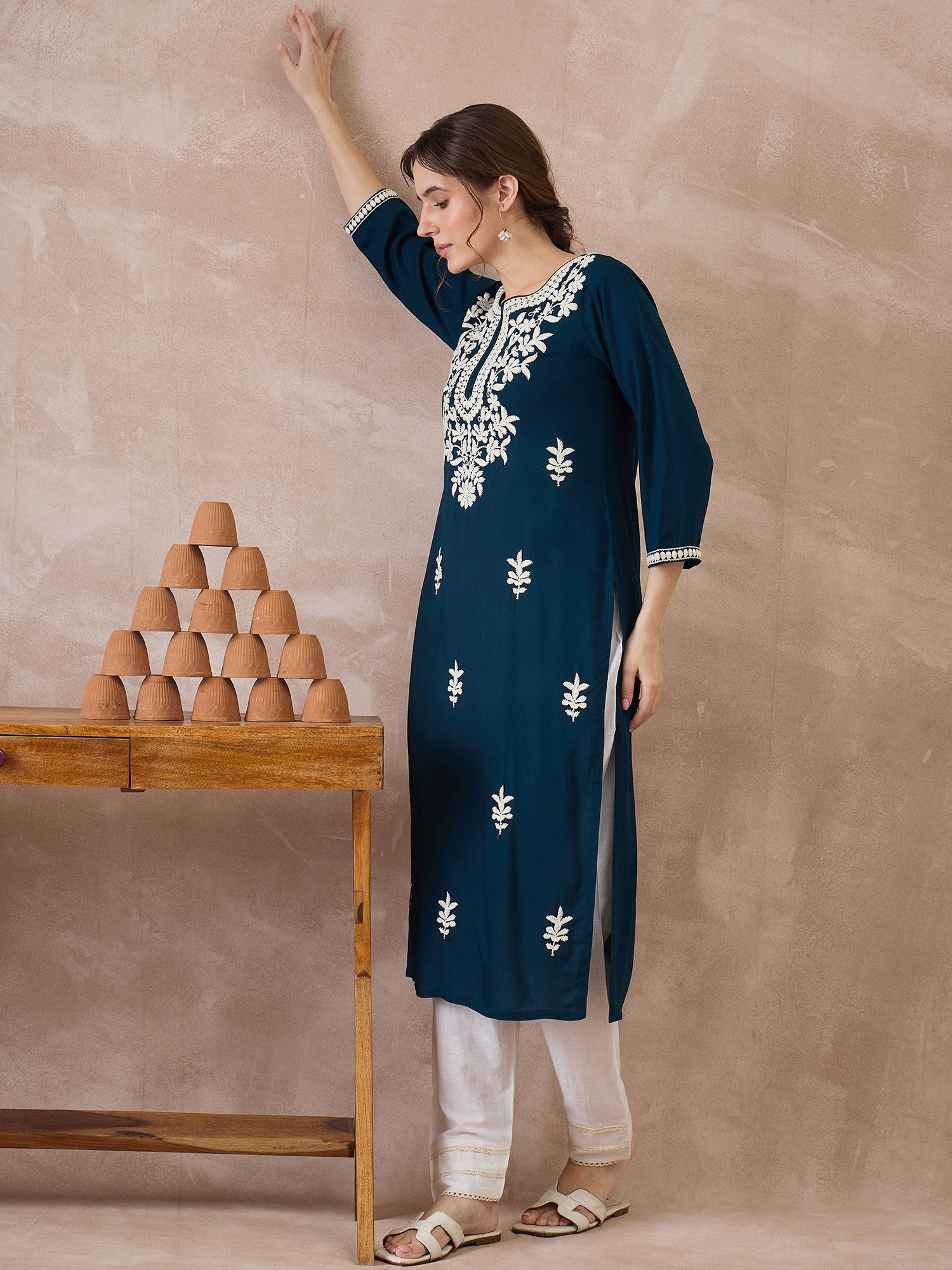 Indo Era Blue Embroidered Straight Kurtas