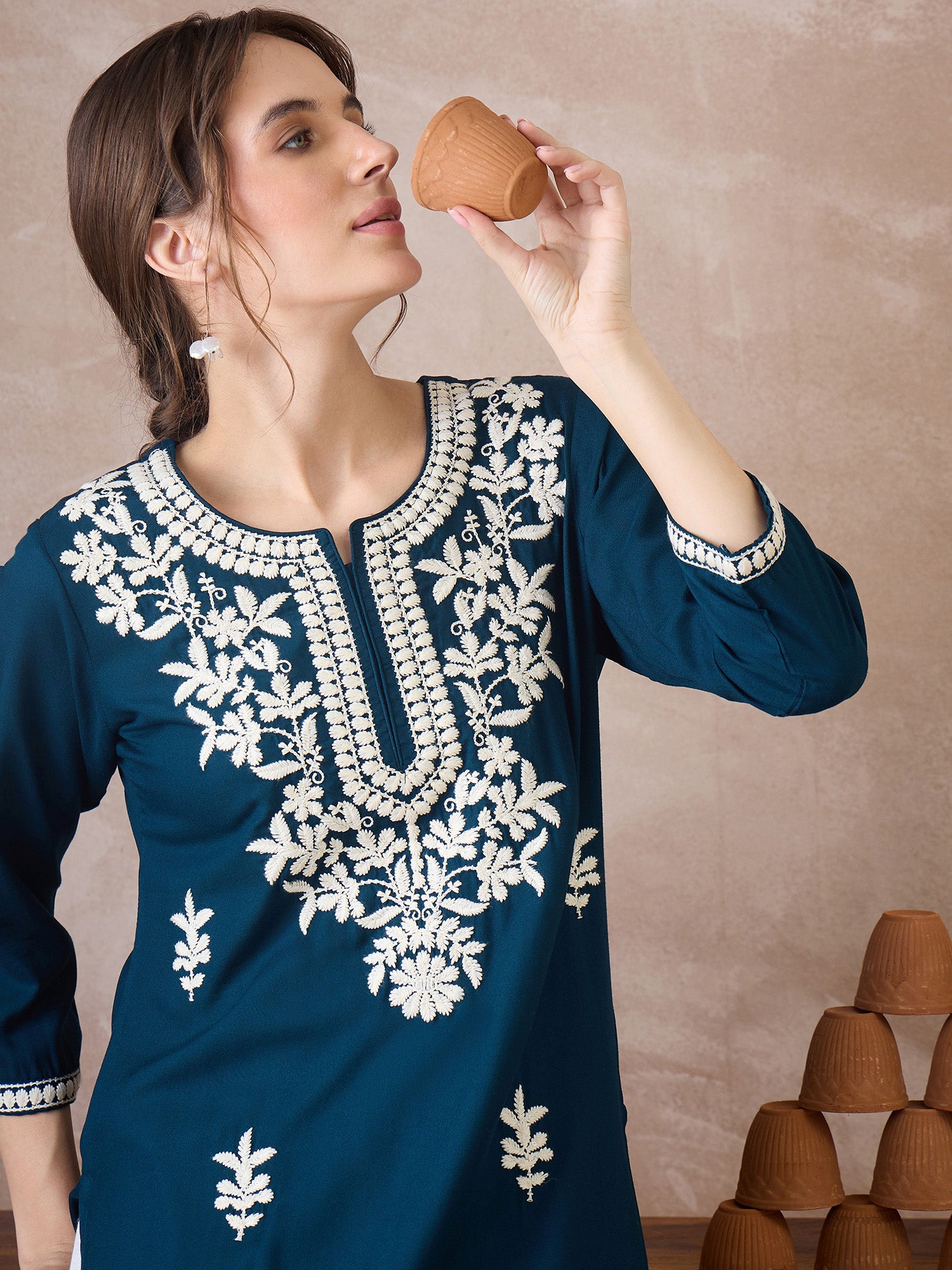 Indo Era Blue Embroidered Straight Kurtas