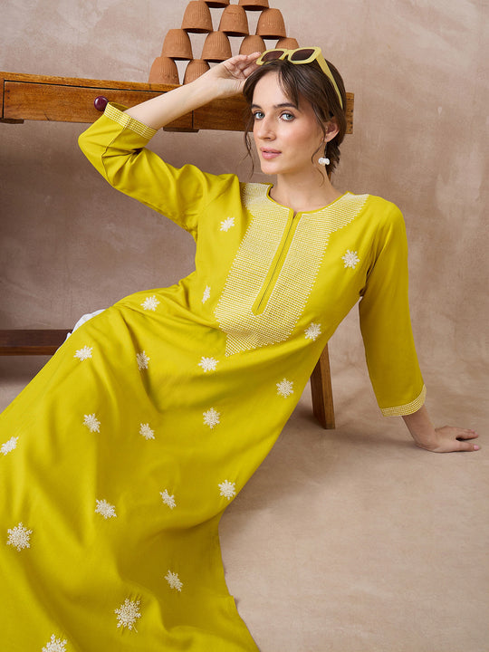 Indo Era Yellow Embroidered Straight Kurtas