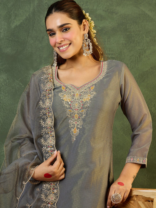 Indo Era Grey Embroidered Straight Kurta Trouser With Dupatta Set