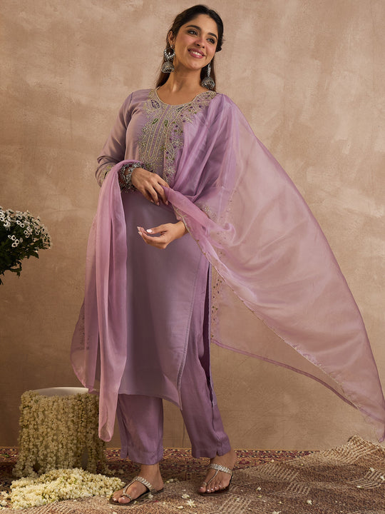 Lavender Embroidered Liva Straight Suit Sets With Dupatta