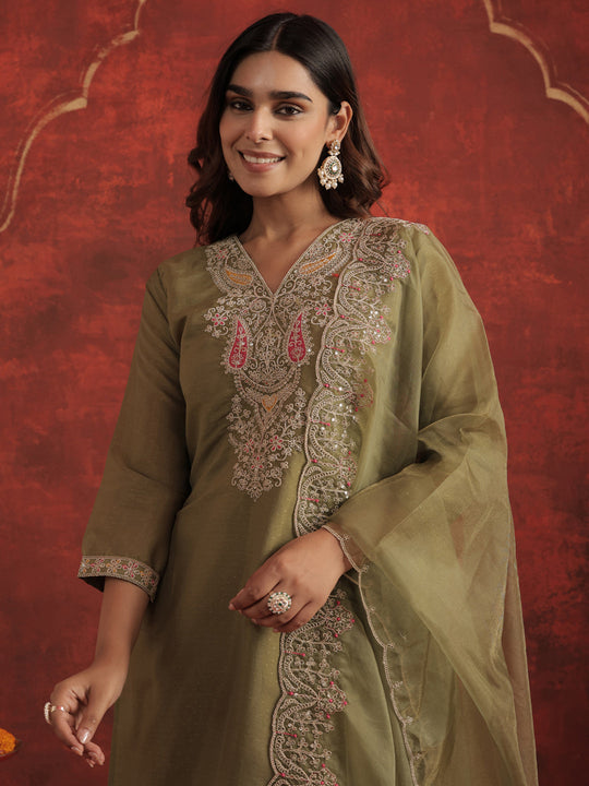 Green Embroidered Silk Blend Straight Kurta Sets With Dupatta