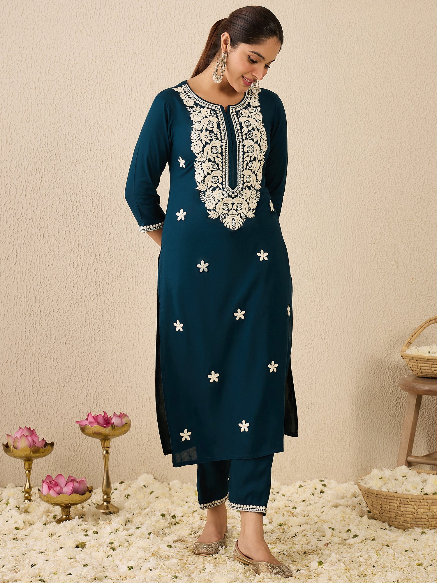 Teal Embroidered Viscose Rayon Straight Kurta Trouser Set