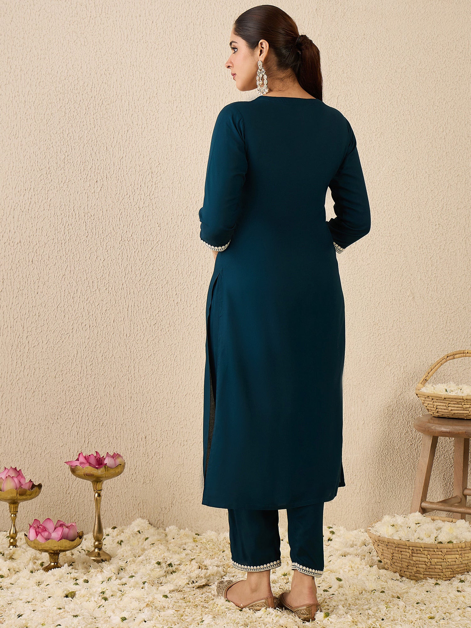 Teal Embroidered Viscose Rayon Straight Kurta Trouser Set