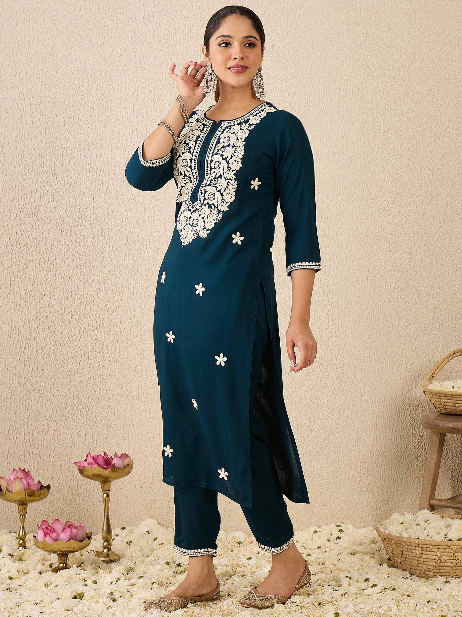 Teal Embroidered Viscose Rayon Straight Kurta Trouser Set