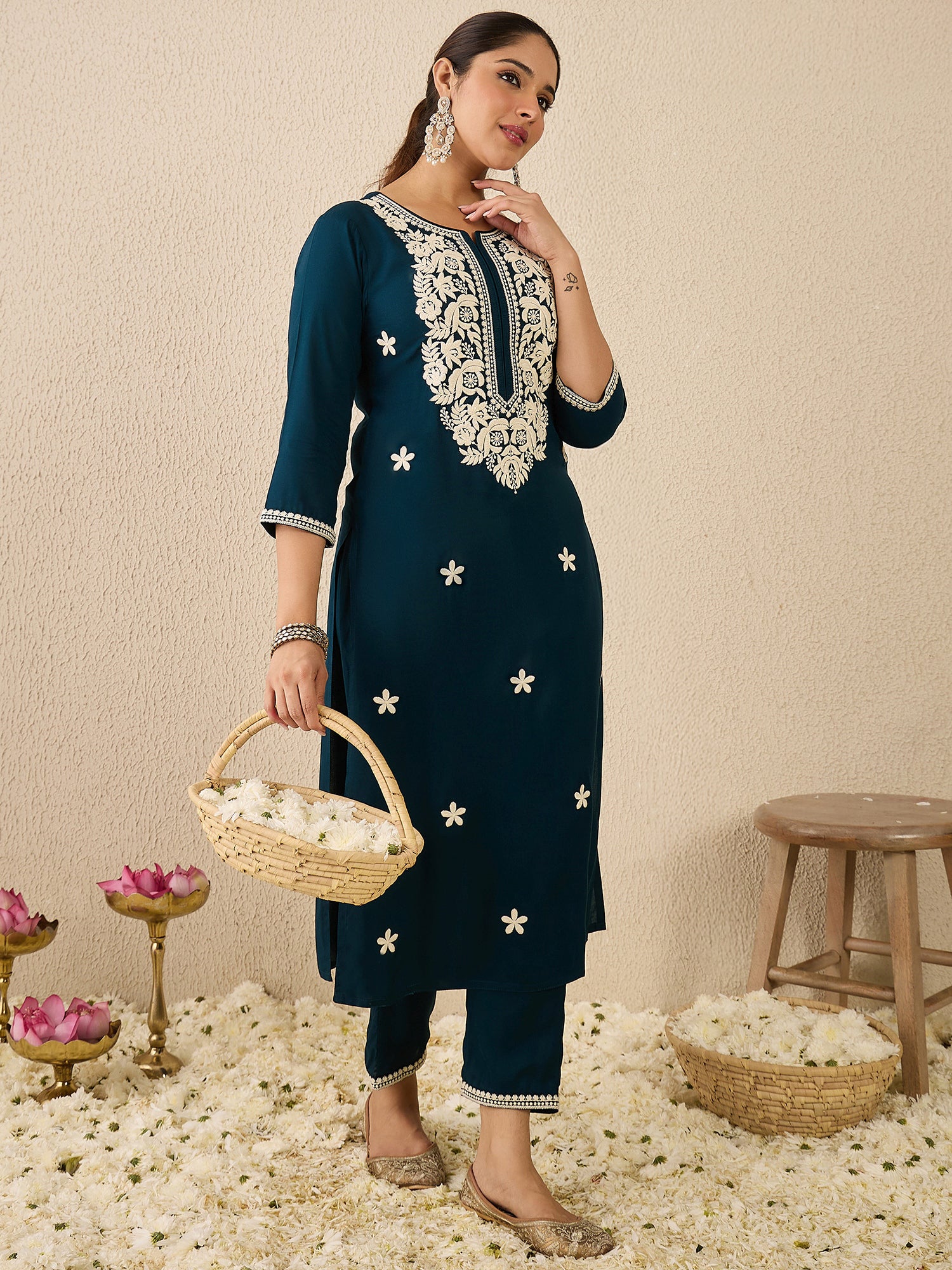 Teal Embroidered Viscose Rayon Straight Kurta Trouser Set