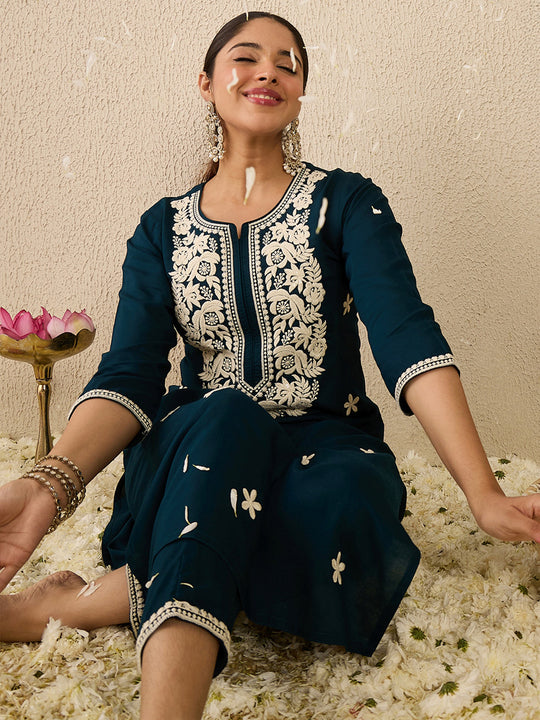 Teal Embroidered Viscose Rayon Straight Kurta Trouser Set