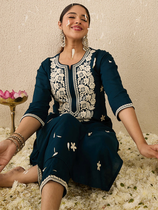 Teal Embroidered Viscose Rayon Straight Kurta Trouser Set