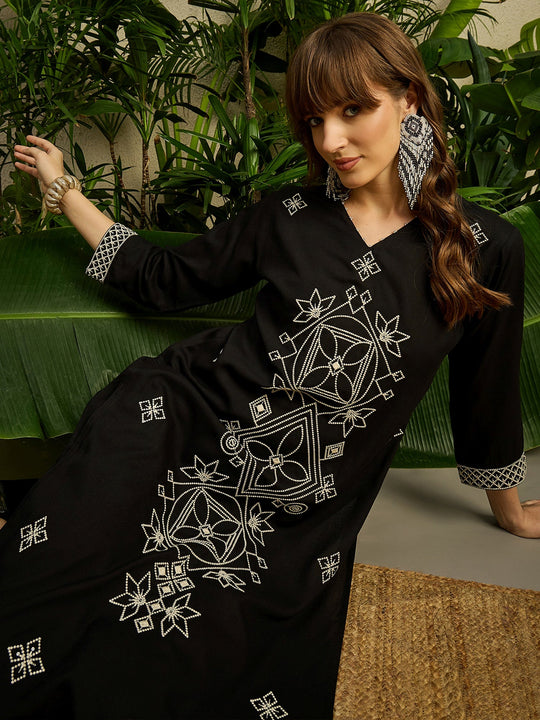 Black Embroidered Viscose Rayon Straight Kurta Trousers Set