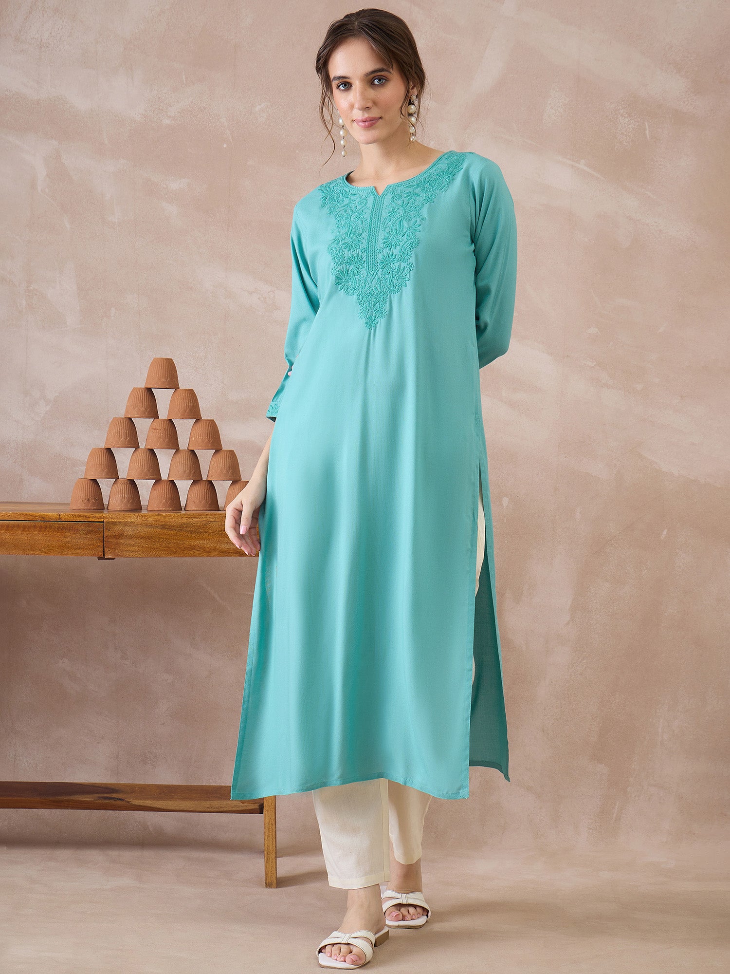 Indo Era Sea Green Embroidered Straight Kurtas
