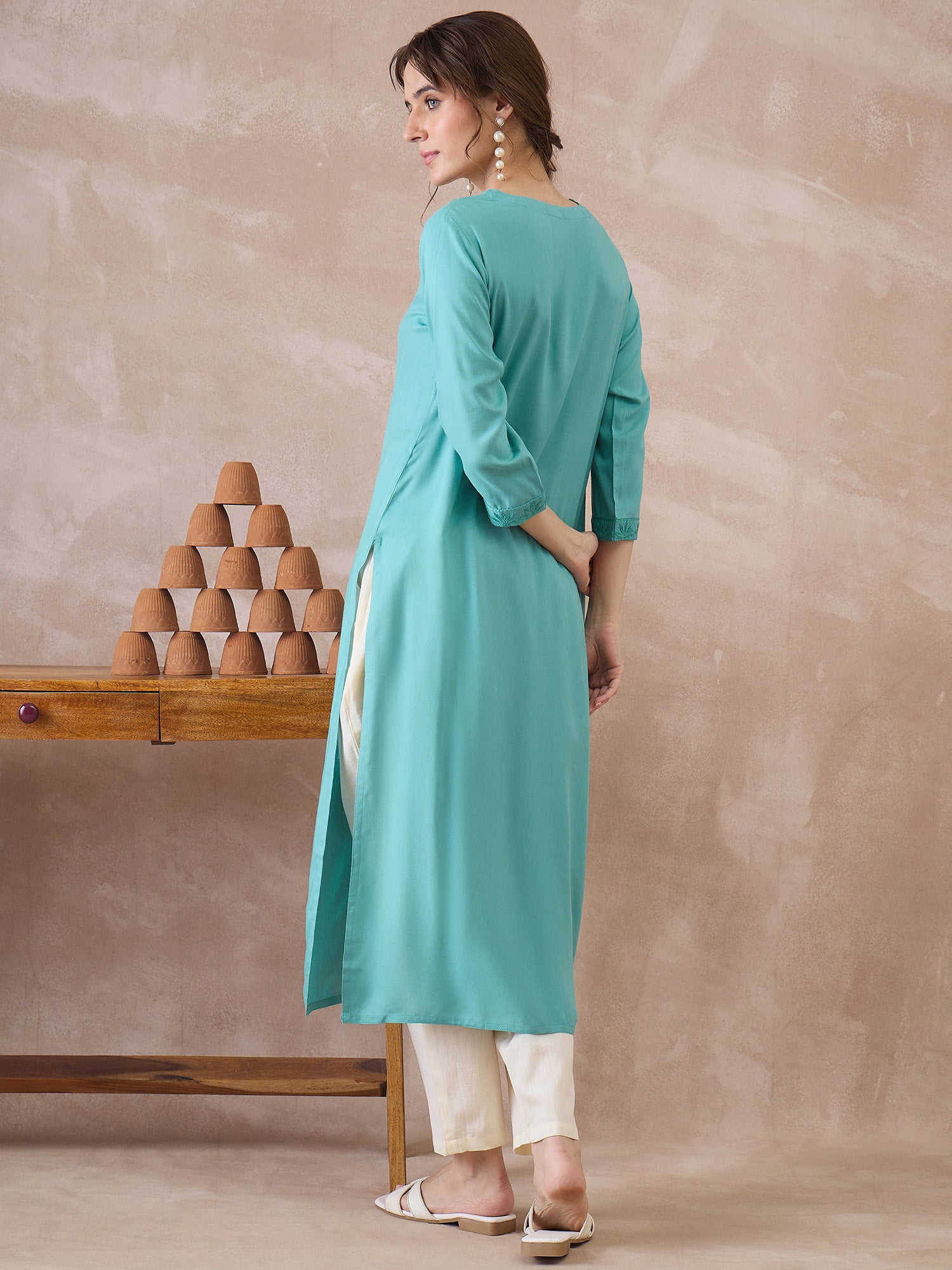 Indo Era Sea Green Embroidered Straight Kurtas
