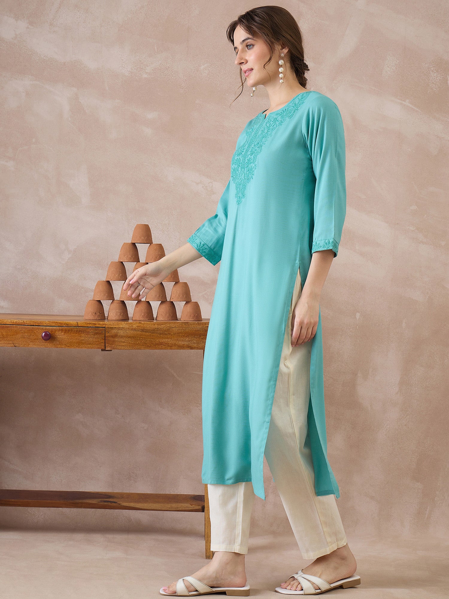 Indo Era Sea Green Embroidered Straight Kurtas
