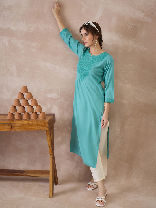Indo Era Sea Green Embroidered Straight Kurtas