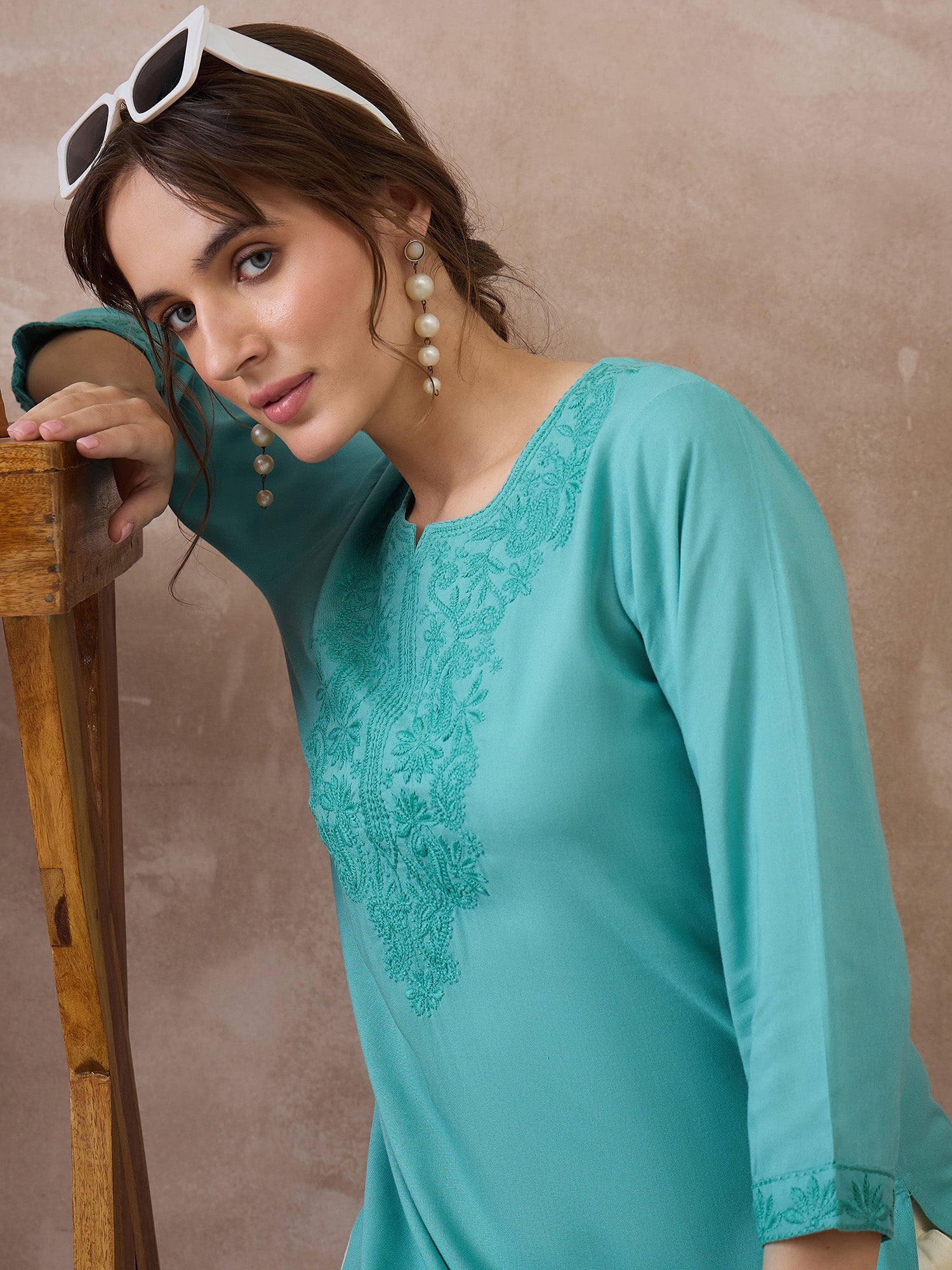 Indo Era Sea Green Embroidered Straight Kurtas
