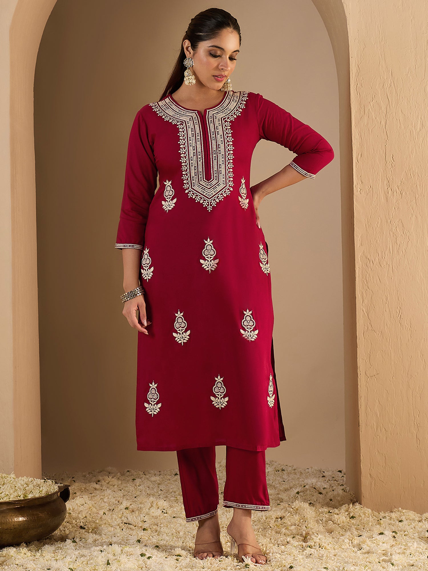 Maroon Embroidered Viscose Rayon Straight Kurta Trouser Set