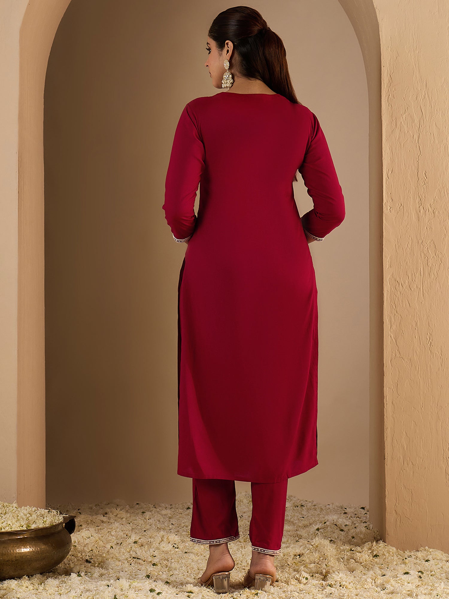 Maroon Embroidered Viscose Rayon Straight Kurta Trouser Set