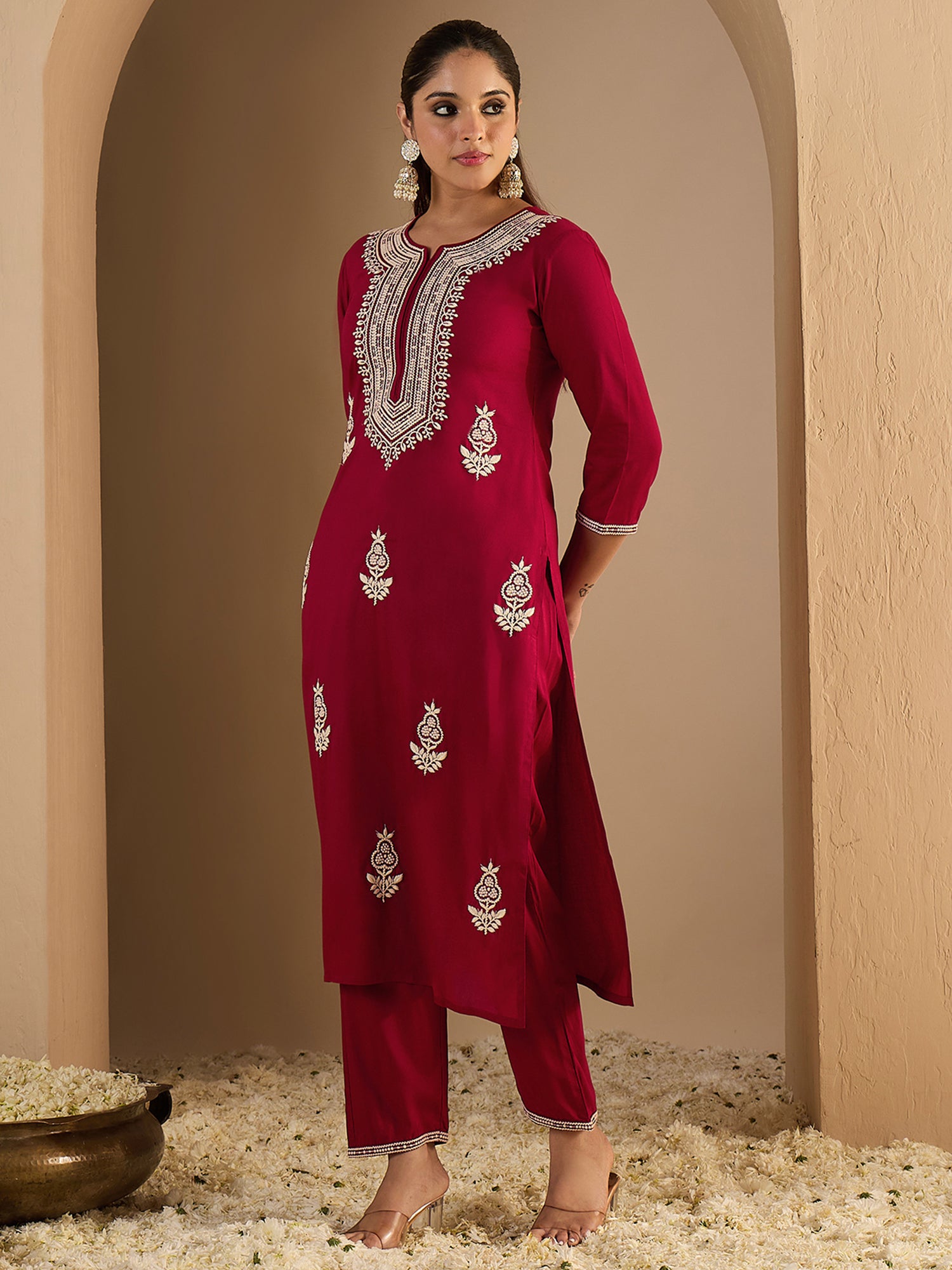 Maroon Embroidered Viscose Rayon Straight Kurta Trouser Set