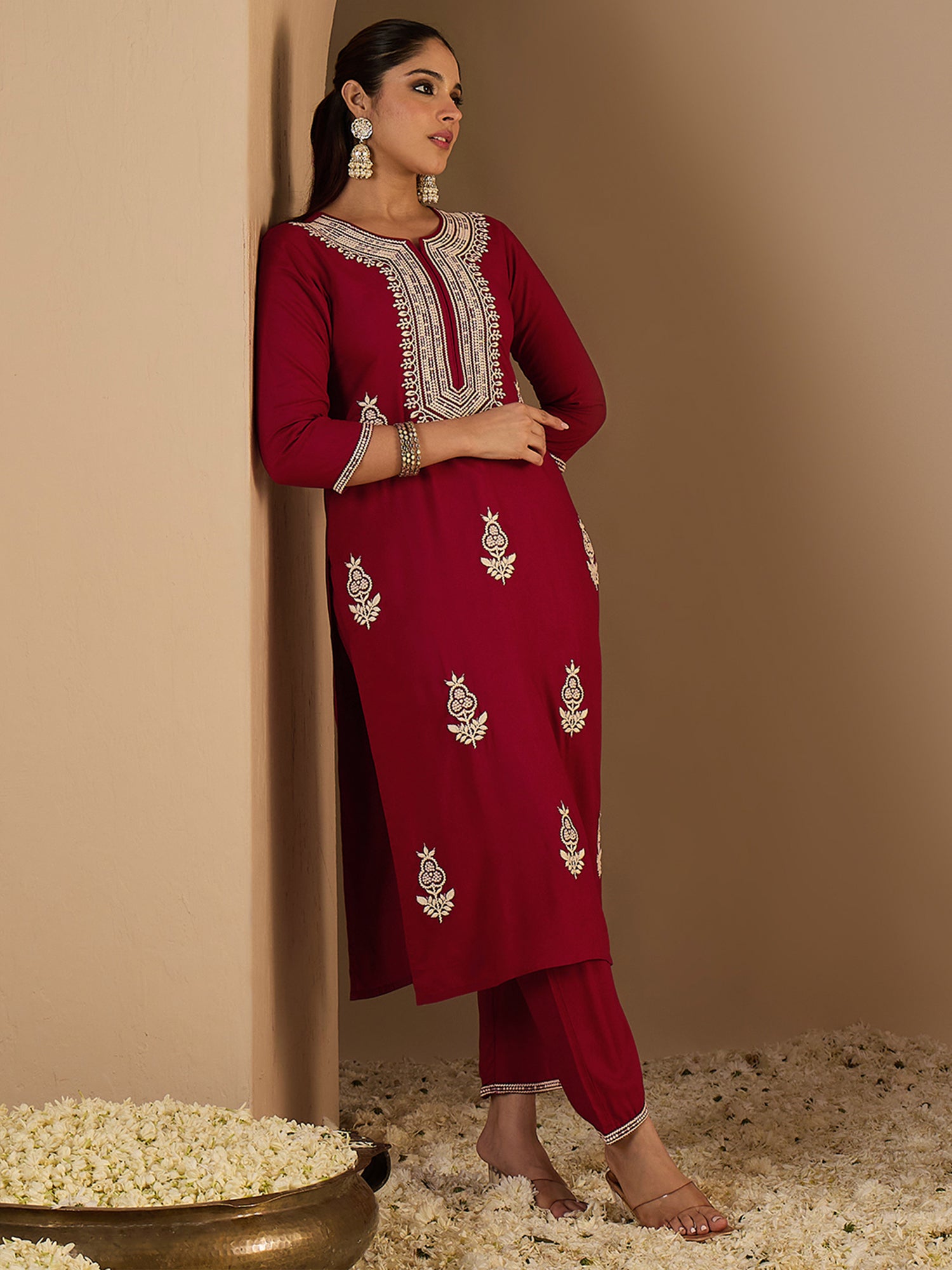 Maroon Embroidered Viscose Rayon Straight Kurta Trouser Set