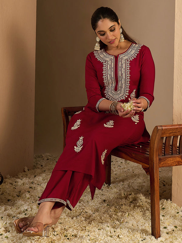 Maroon Embroidered Viscose Rayon Straight Kurta Trouser Set