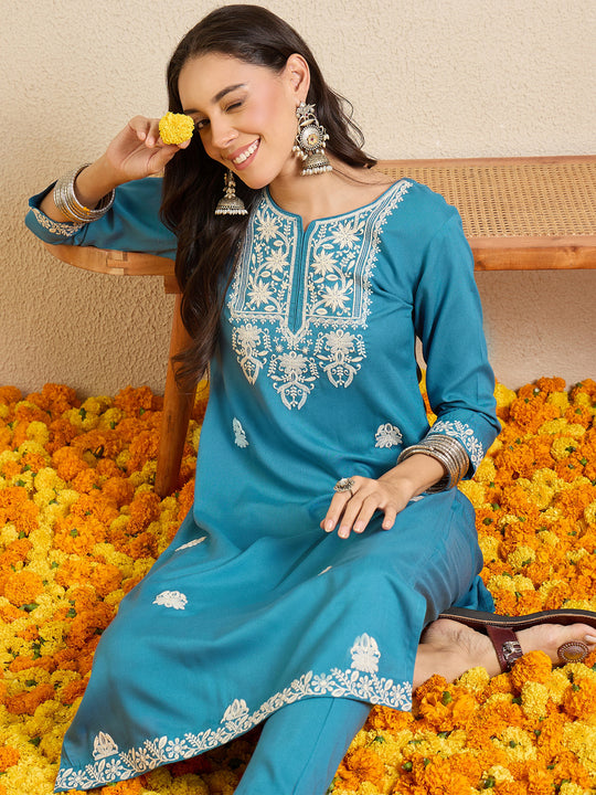 Blue Embroidered Viscose Rayon Straight Kurta Trousers Set