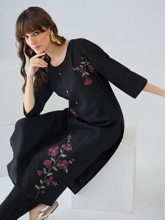 Black Embroidered Silk Blend Straight Kurta Trousers Set