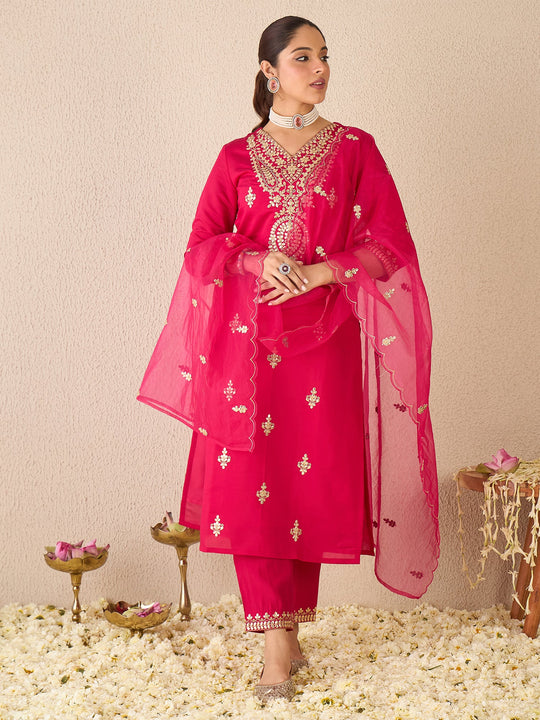 Women Pink Embroidered Silk Blend Straight Kurta Sets With Dupatta