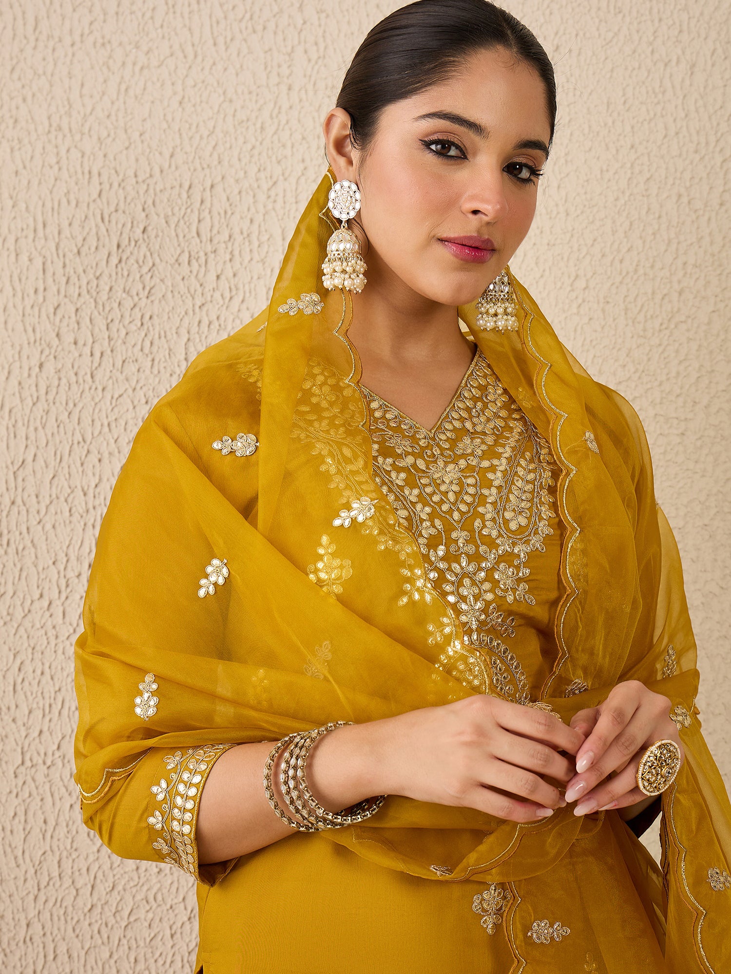 Mustard Embroidered Silk Blend Straight V-Neck Kurta Sets With Dupatta