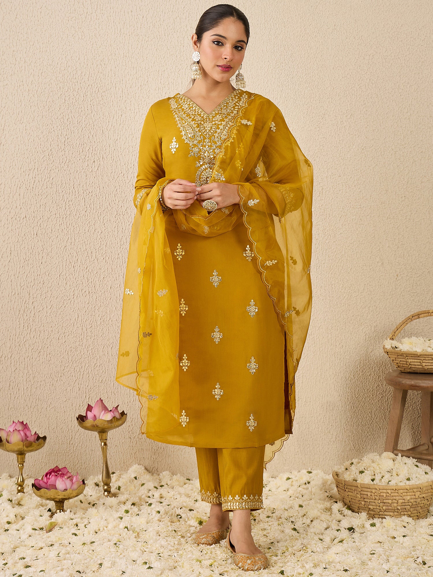 Mustard Embroidered Silk Blend Straight V-Neck Kurta Sets With Dupatta
