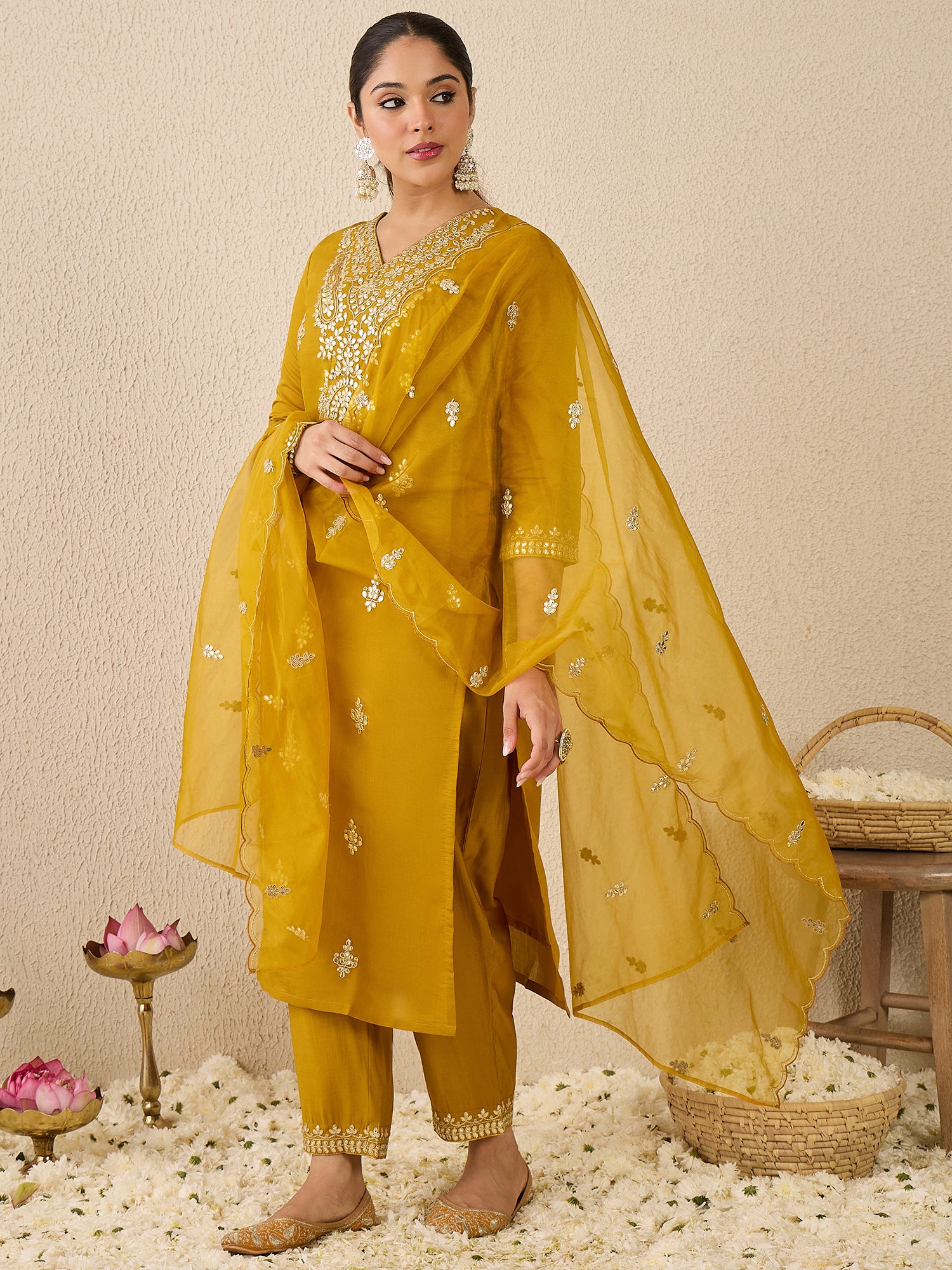 Mustard Embroidered Silk Blend Straight V-Neck Kurta Sets With Dupatta