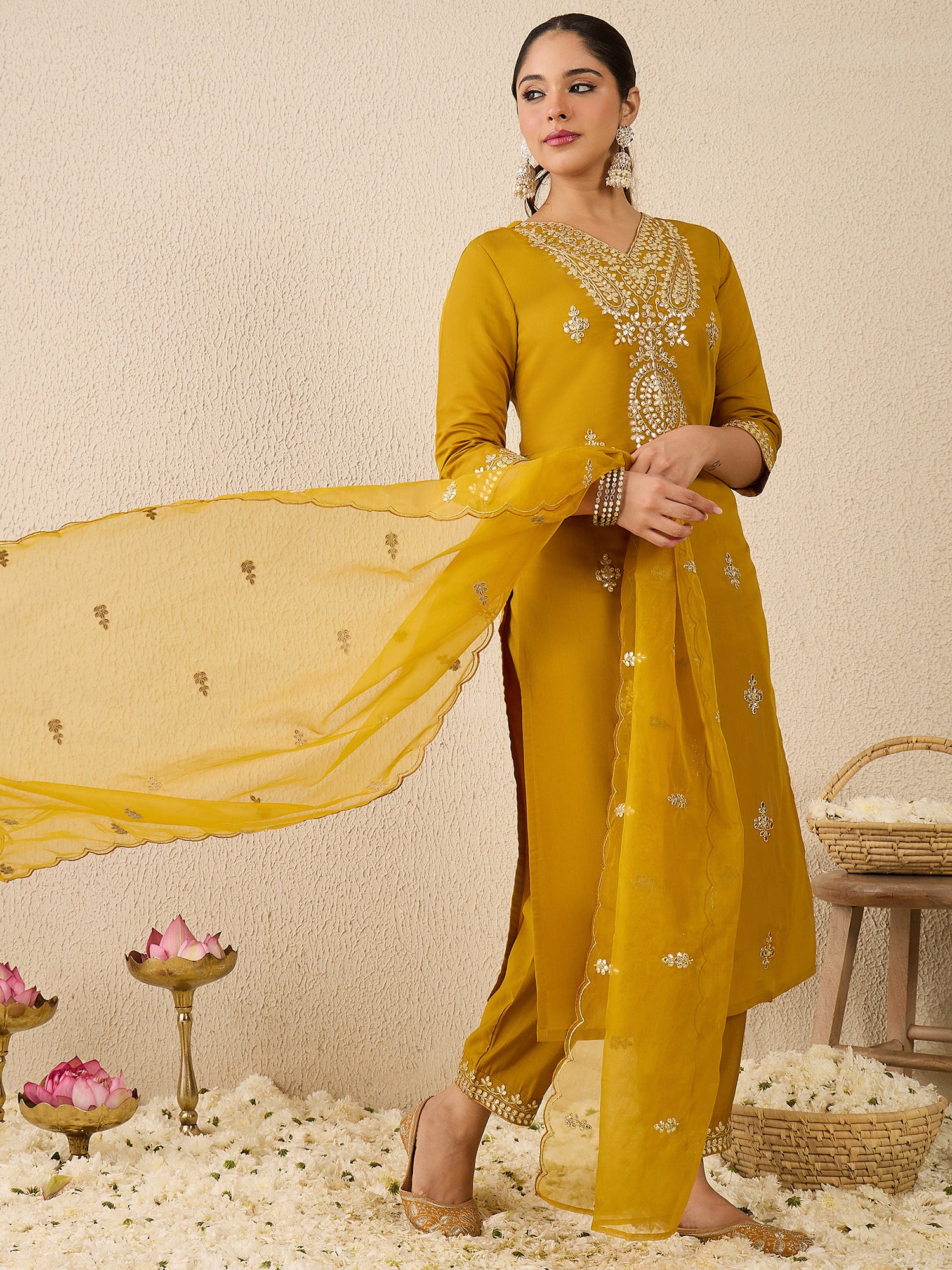Mustard Embroidered Silk Blend Straight V-Neck Kurta Sets With Dupatta