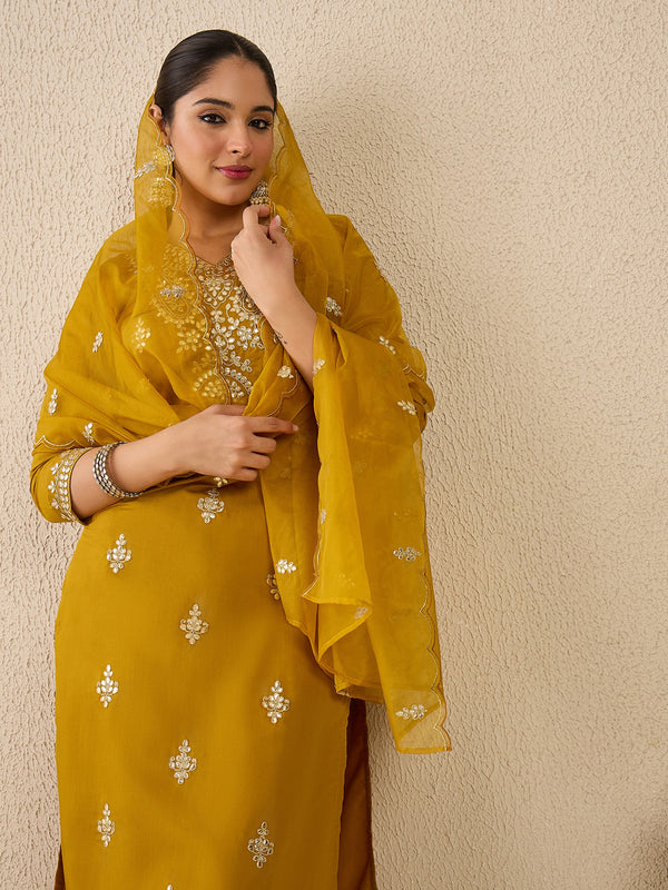 Mustard Embroidered Silk Blend Straight V-Neck Kurta Sets With Dupatta