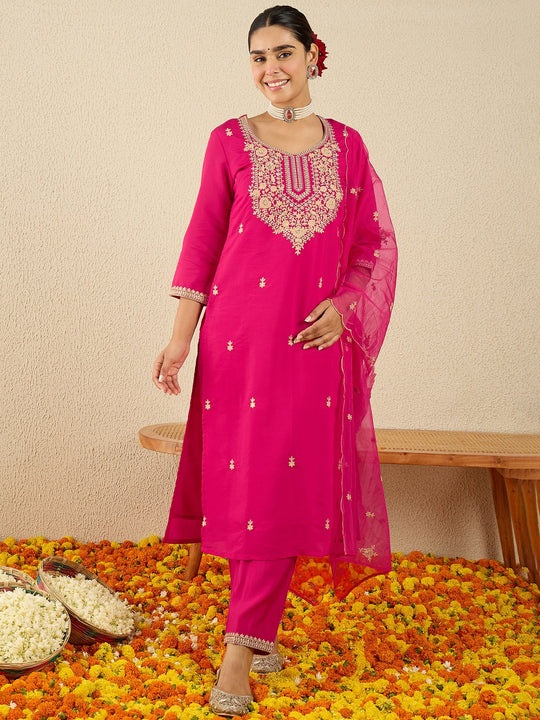 Pink Embroidered Straight Silk Blend Kurta Sets With Dupatta
