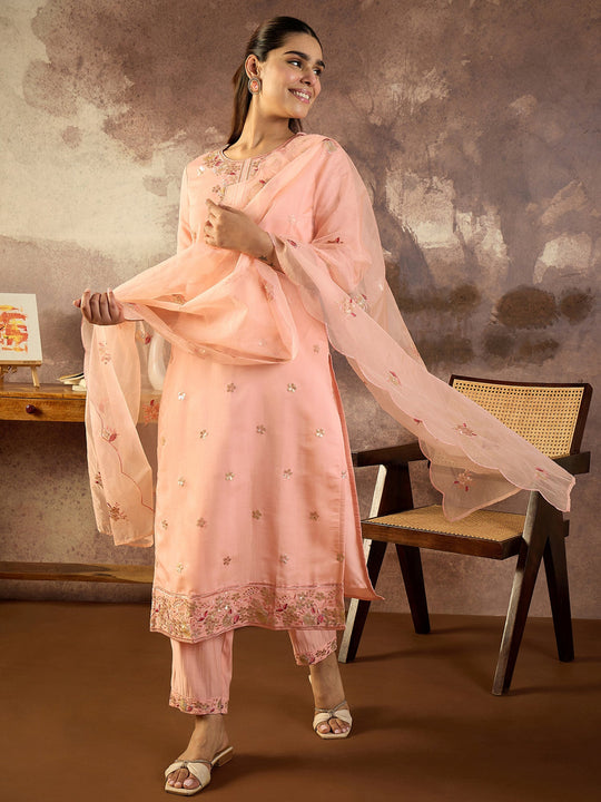 Peach Embroidered Straight Silk Blend Kurta Sets With Dupatta