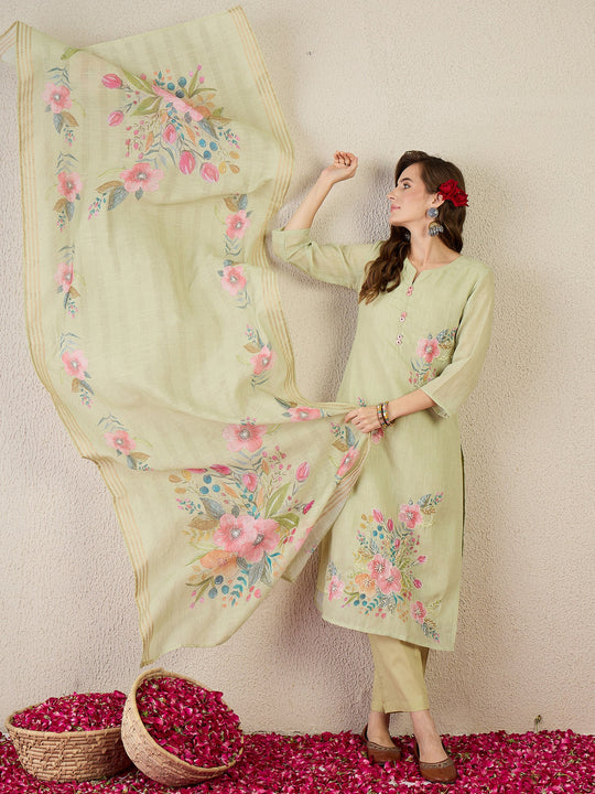 Sea Green Embroidered Pure Cotton Straight Kurta Sets With Dupatta