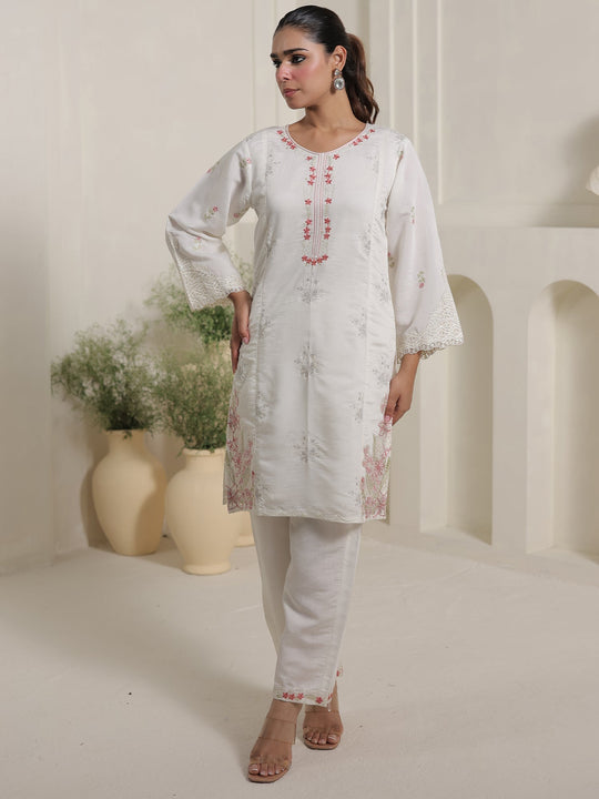 Off White Embroidered Silk Blend Straight Kurta Palazzo Set