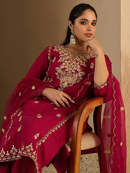 Maroon Embroidered Silk Blend Straight Suit Sets With Dupatta