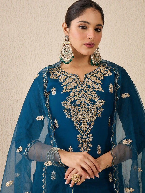 Teal Embroidered Silk Blend Straight Round Neck Kurta Sets With Dupatta