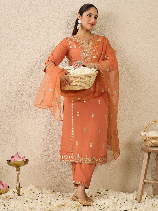 Rust Embroidered Silk Blend Straight Suit Sets With Dupatta