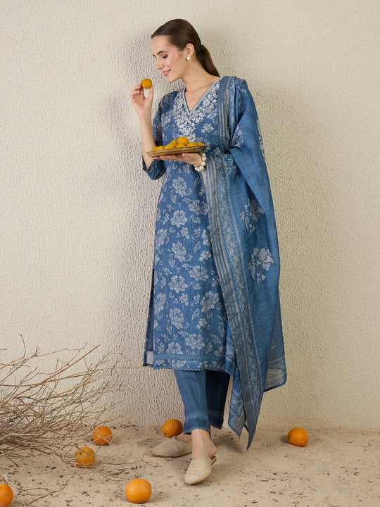 Blue Embroidered Linen Straight Kurta Sets With Dupatta