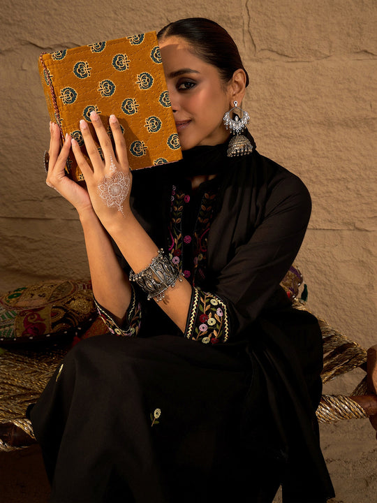 Black Embroidered Pure Cotton A-Line Kurta Sets With Dupatta