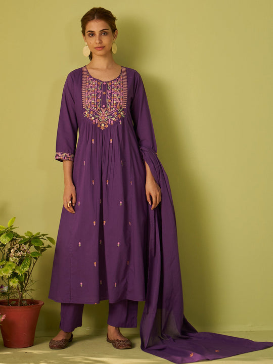Purple Embroidered Pure Cotton A-Line Women Kurta Trouser With Dupatta