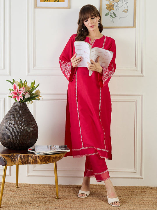 Pink Embroidered Silk Blend Straight Kurta Sets
