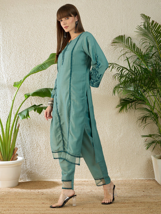 Indo Era Sea Green Embroidered Straight Kurta Trousers Set