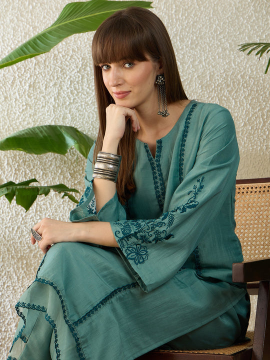 Indo Era Sea Green Embroidered Straight Kurta Trousers Set