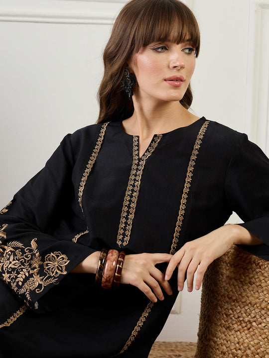 Black Embroidered Silk Blend Straight Kurta Sets