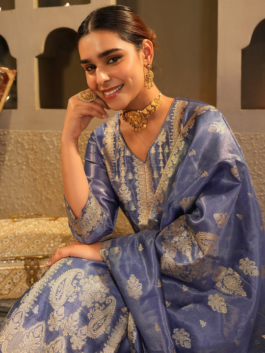 Purple Self Design Liva Straight Kurta Sets With Dupatta